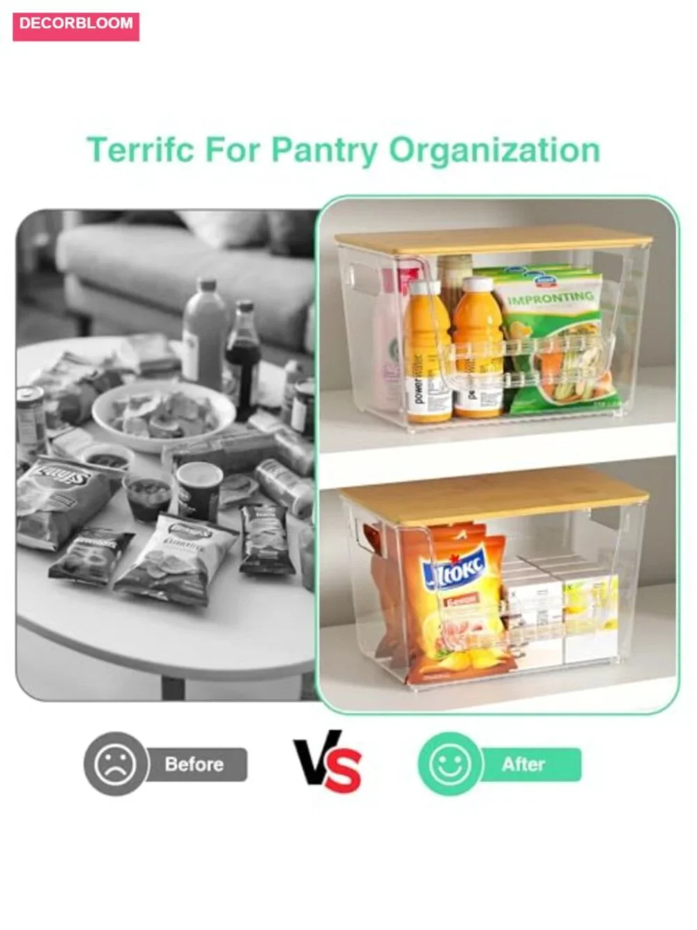 2 Pack Pantry Organizers Clear Onion Storage Bins with Bamboo Lids Stackable